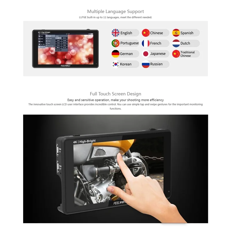 FEELWORLD LUT6E 6 inch 4K HD Monitor 1920x1080 IPS Full HD 1600nit High Brightness Display Screen for Photography / Videography