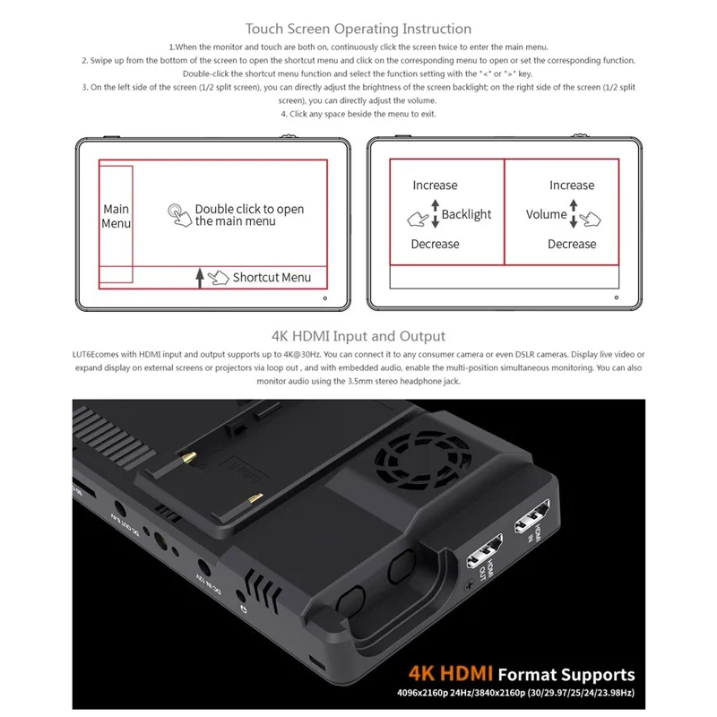 FEELWORLD LUT6E 6 inch 4K HD Monitor 1920x1080 IPS Full HD 1600nit High Brightness Display Screen for Photography / Videography