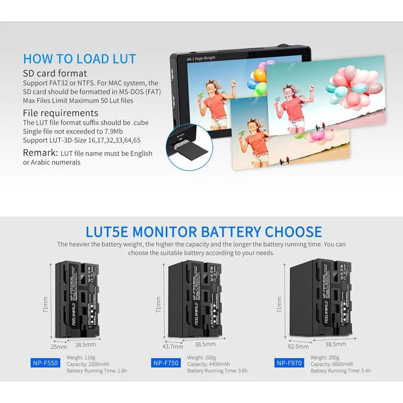 FEELWORLD LUT5E 5,5 tum 4K HD-monitor 1920x1080 IPS Full HD 1600nit Hög ljusstyrka Skärm för fotografering / videoproduktion