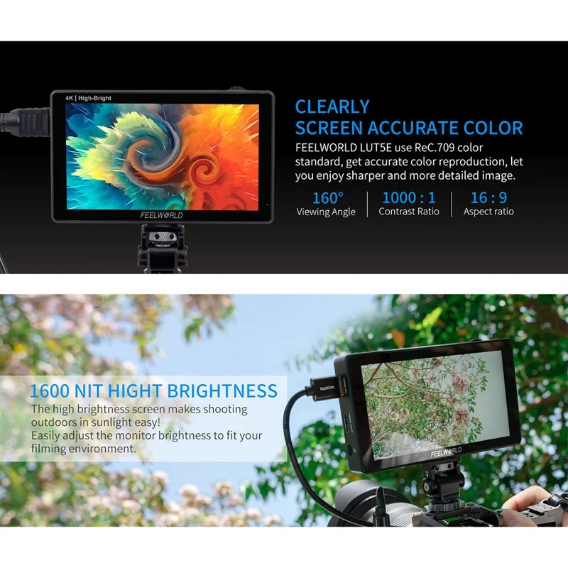 FEELWORLD LUT5E 5,5 tum 4K HD-monitor 1920x1080 IPS Full HD 1600nit Hög ljusstyrka Skärm för fotografering / videoproduktion