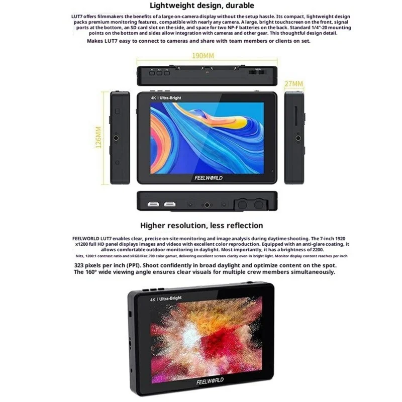 FEELWORLD LUT7 7 cali 4K HD Monitor Kamerowy 2200 Nit Wysoki Jasności Ekran do Fotografii Wideo z Kamer DSLR / Bezlustrzanych