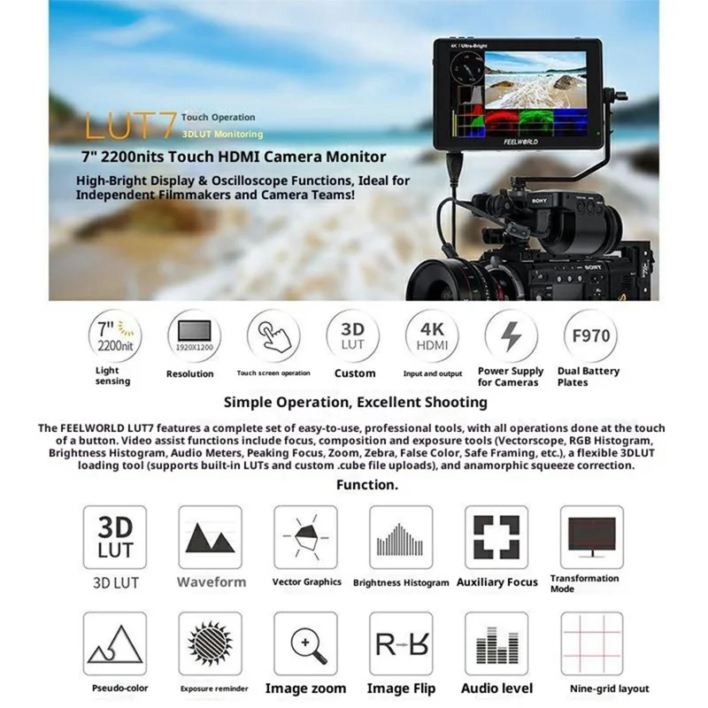 FEELWORLD LUT7 7 cali 4K HD Monitor Kamerowy 2200 Nit Wysoki Jasności Ekran do Fotografii Wideo z Kamer DSLR / Bezlustrzanych