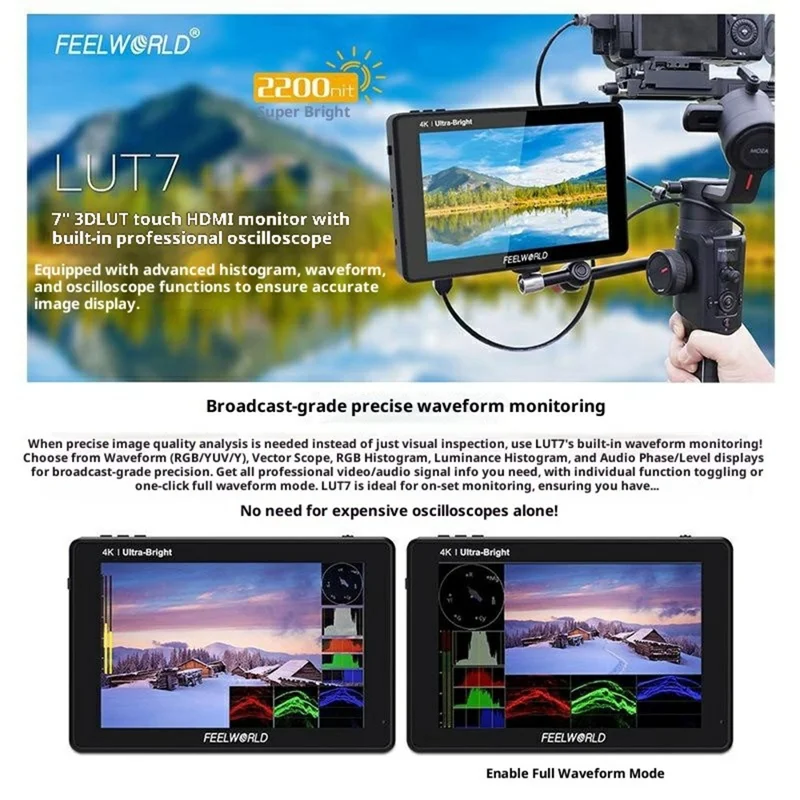 FEELWORLD LUT7 7 cali 4K HD Monitor Kamerowy 2200 Nit Wysoki Jasności Ekran do Fotografii Wideo z Kamer DSLR / Bezlustrzanych