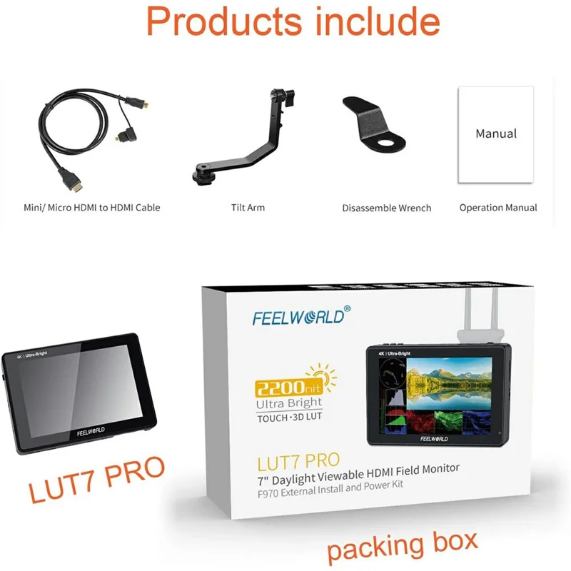 FEELWORLD LUT7 Pro 7 tum Ultra Högkvalitativ Kameramonitor 2200 nits Regissör Fotografering 3D LUT Inspelningsskärm för Uteinspelning