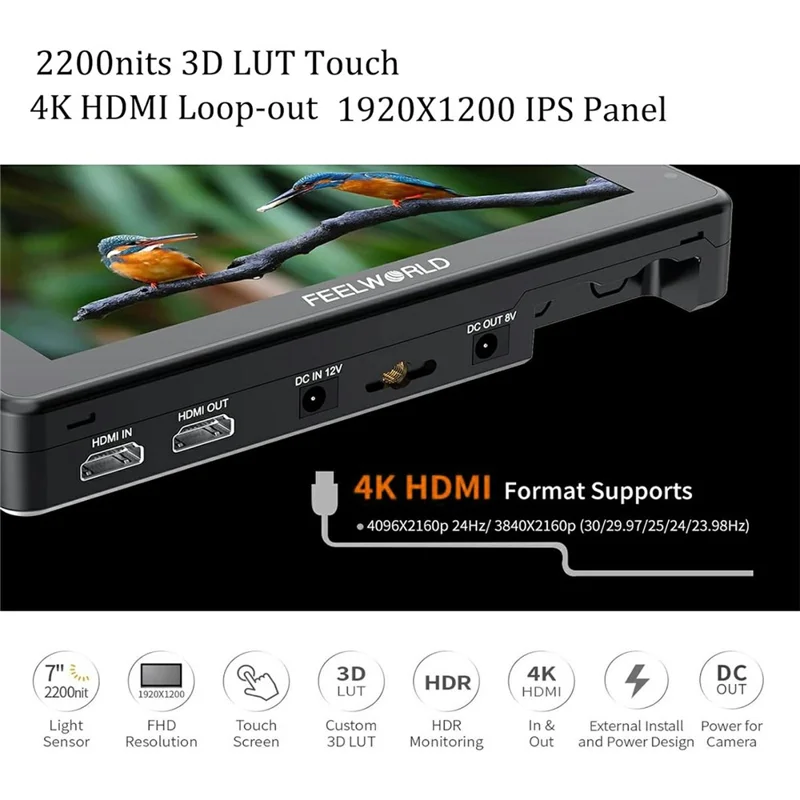 FEELWORLD LUT7 Pro 7 tum Ultra Högkvalitativ Kameramonitor 2200 nits Regissör Fotografering 3D LUT Inspelningsskärm för Uteinspelning