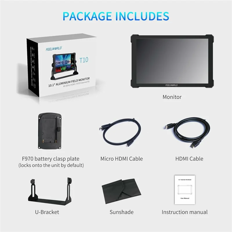 FEELWORLD T10 10,1 tum 4K kameramonitor, extern display för DSLR-/speglösa kameror