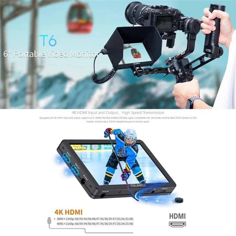 FEELWORLD T6 6 Inch Camera Monitor Aluminum DSLR / Mirrorless Camera External HD IPS Display for Photography