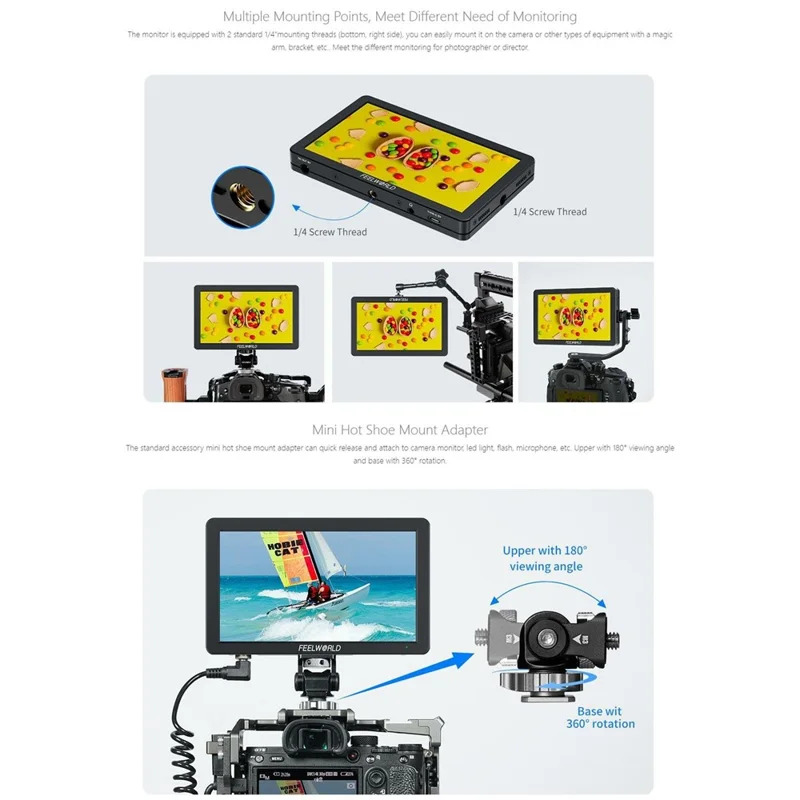 FEELWORLD T6 6 Inch Camera Monitor Aluminum DSLR / Mirrorless Camera External HD IPS Display for Photography