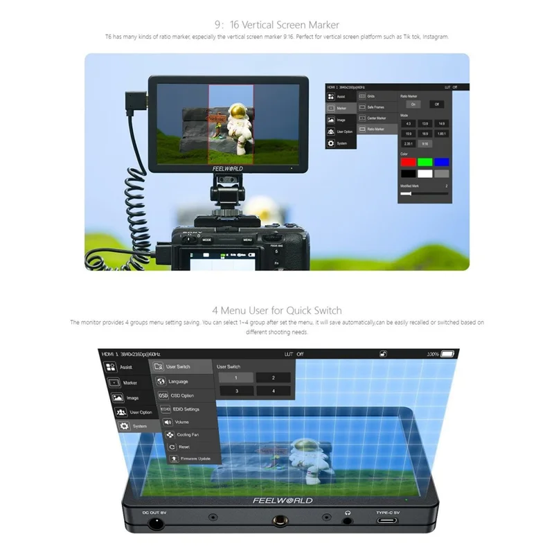 FEELWORLD T6 6 Inch Camera Monitor Aluminum DSLR / Mirrorless Camera External HD IPS Display for Photography