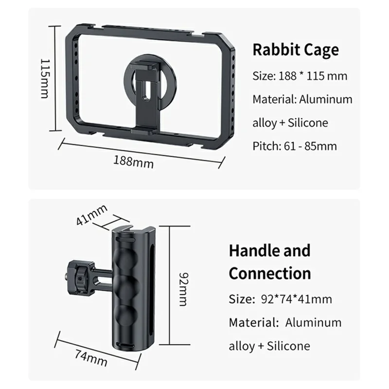 Stabilisateur de cage de caméra pour smartphone en alliage d'aluminium SCG-P03 avec cadre à double poignée magnétique, plage de clip de 61 à 85 mm