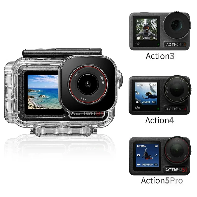 030 164FT / 50m Estojo à Prova d'Água para DJI Osmo Action 5 Pro / 4 / 3 Habitação de Mergulho em ABS com Lente Plana de Vidro Grande