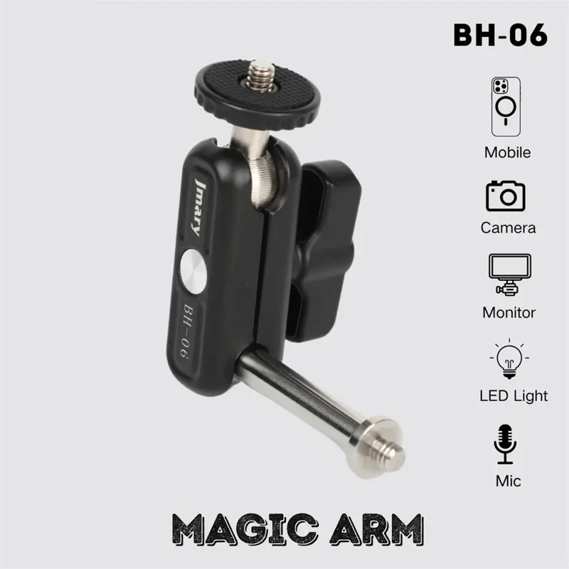 JMARY BH-06 Aluminiumlegering Magic Arm Holder med Dobbelt Kuglehoved 360° Rotation DSLR Kamera Video Udvidelsesbeslag
