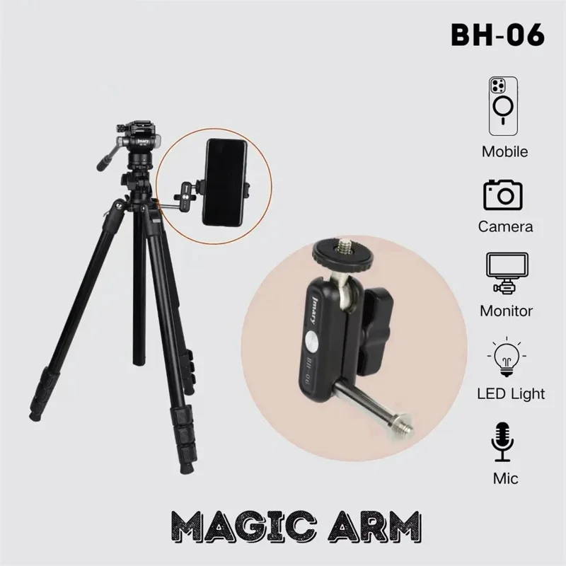 JMARY BH-06 Aluminiumlegering Magic Arm Holder med Dobbelt Kuglehoved 360° Rotation DSLR Kamera Video Udvidelsesbeslag