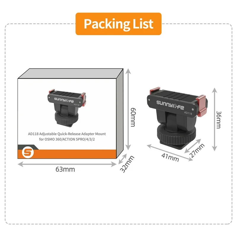 SUNNYLIFE AD118 Magnetic Quick Release Adapter for DJI Osmo 360  /  Action 5 Pro  /  4  /  3  /  2 Adjustable Camera Mount