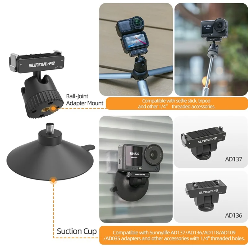 SUNNYLIFE ON-SC113 Für DJI Osmo Action 6 / Nano Zweirichtungs-Magnet-Schnellwechsel-Kugelkopf-Saugheber-Halterung - Schwarz