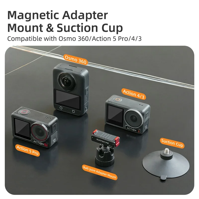 SUNNYLIFE SC114 Magnetische Schnellwechsel-Kugelgelenk-Saugnapfhalterung für DJI Osmo 360 / Action 5 Pro / 4 / 3 Kamera