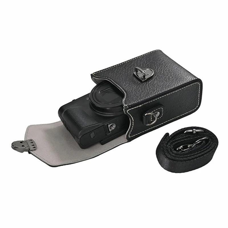 Universal Vintage Litchi Pattern Camera Bag PU Leather Protective Case with Shoulder Strap for Small Digital Cameras - Black