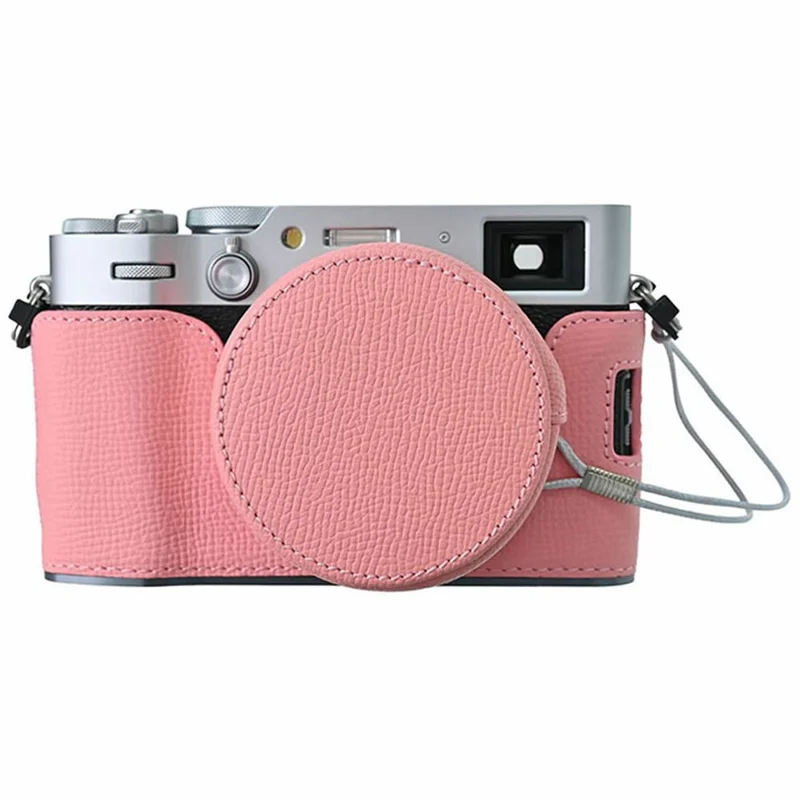 Leather Camera Bottom Case for Fujifilm X100VI Palm Textured Grip Alloy Base with Lens Cap Protective Half Body Cover Set - Pink