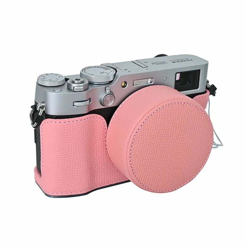 Leather Camera Bottom Case for Fujifilm X100VI Palm Textured Grip Alloy Base with Lens Cap Protective Half Body Cover Set - Pink