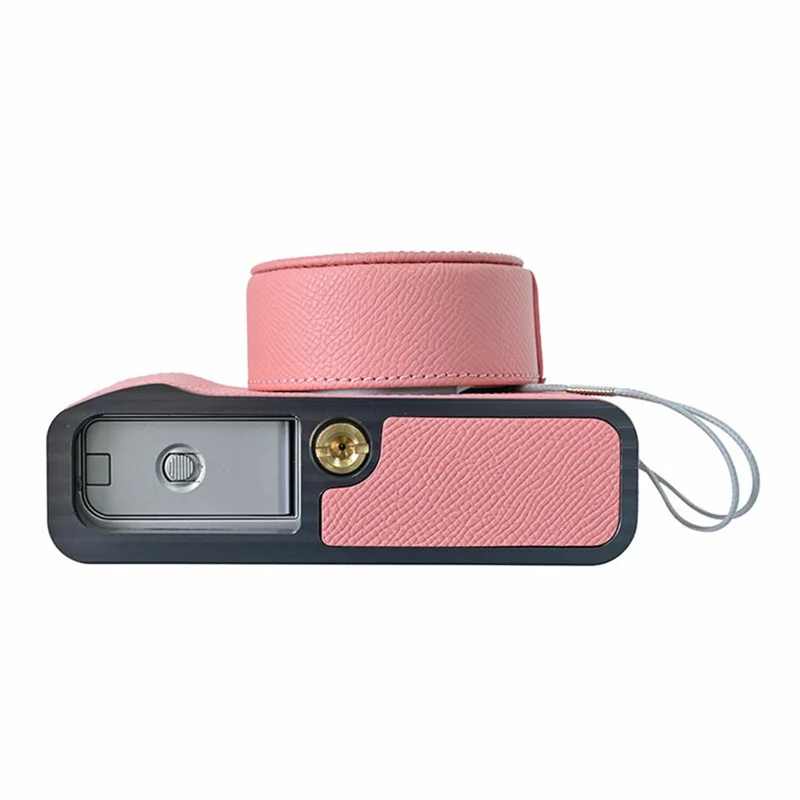 Leather Camera Bottom Case for Fujifilm X100VI Palm Textured Grip Alloy Base with Lens Cap Protective Half Body Cover Set - Pink