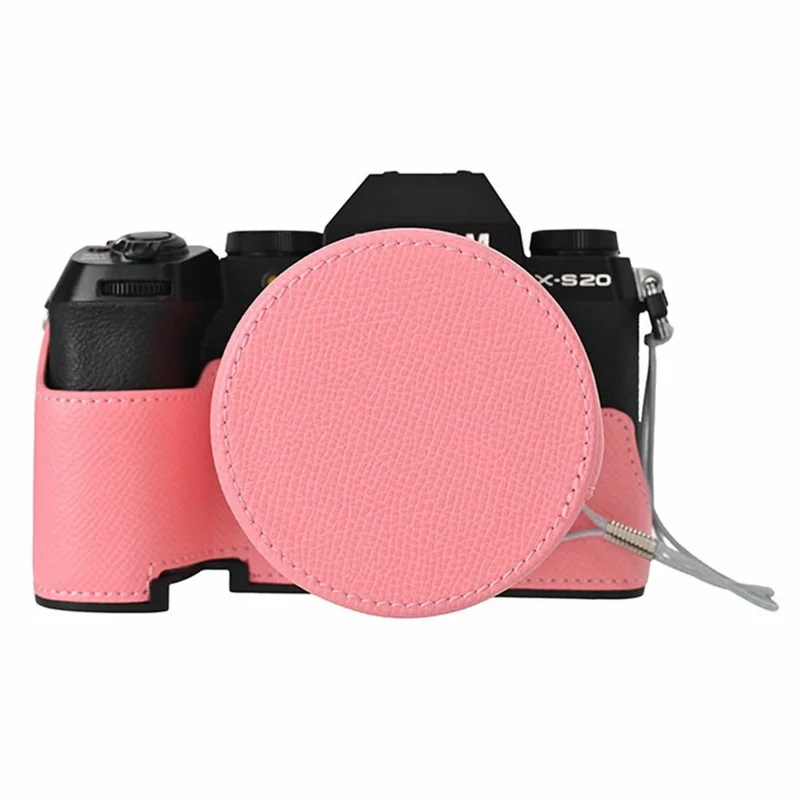 Camera Bottom Case for Fujifilm X-S20 Palm Texture PU Leather Lens Cap Camera Half Body Protective Cover Set and Wrist Strap - Pink