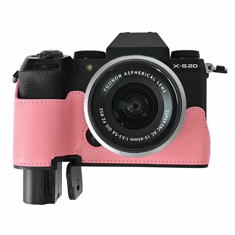 Camera Bottom Case for Fujifilm X-S20 Palm Texture PU Leather Lens Cap Camera Half Body Protective Cover Set and Wrist Strap - Pink