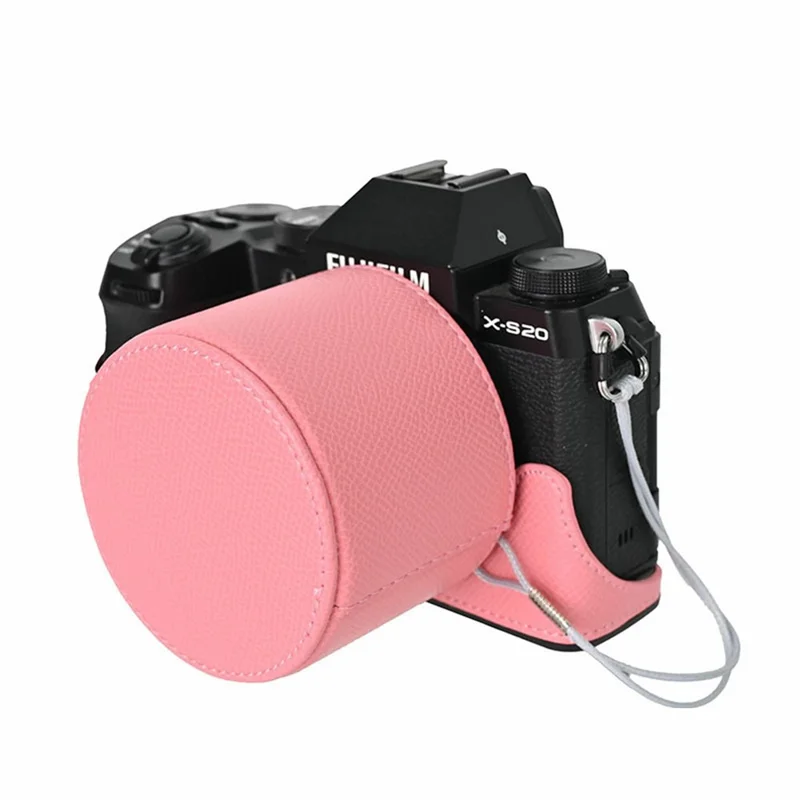 Camera Bottom Case for Fujifilm X-S20 Palm Texture PU Leather Lens Cap Camera Half Body Protective Cover Set and Wrist Strap - Pink