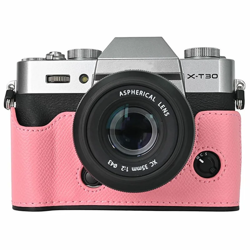 PU Leather Half Bottom Case for Fujifilm X-T30 Palm Texture Grip Camera Base Window Design Protective Cover - Pink