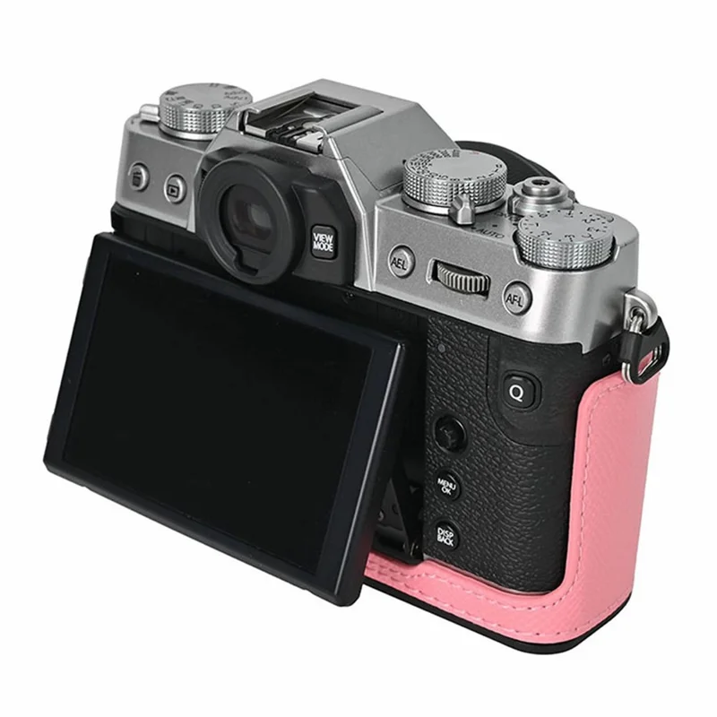 PU Leather Half Bottom Case for Fujifilm X-T30 Palm Texture Grip Camera Base Window Design Protective Cover - Pink