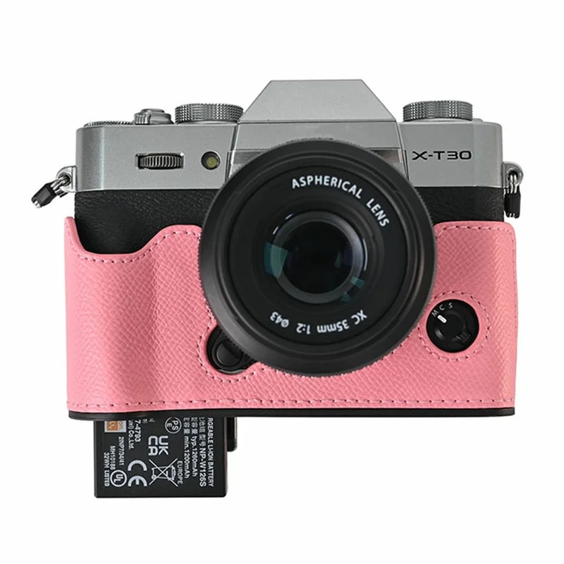 PU Leather Half Bottom Case for Fujifilm X-T30 Palm Texture Grip Camera Base Window Design Protective Cover - Pink