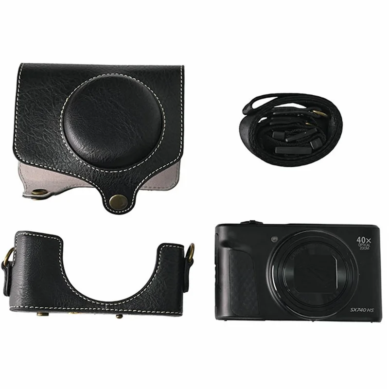 Camera Case for Canon SX740 HS Vintage Litchi Texture PU Leather Full Coverage Protective Cover with Shoulder Strap - Black