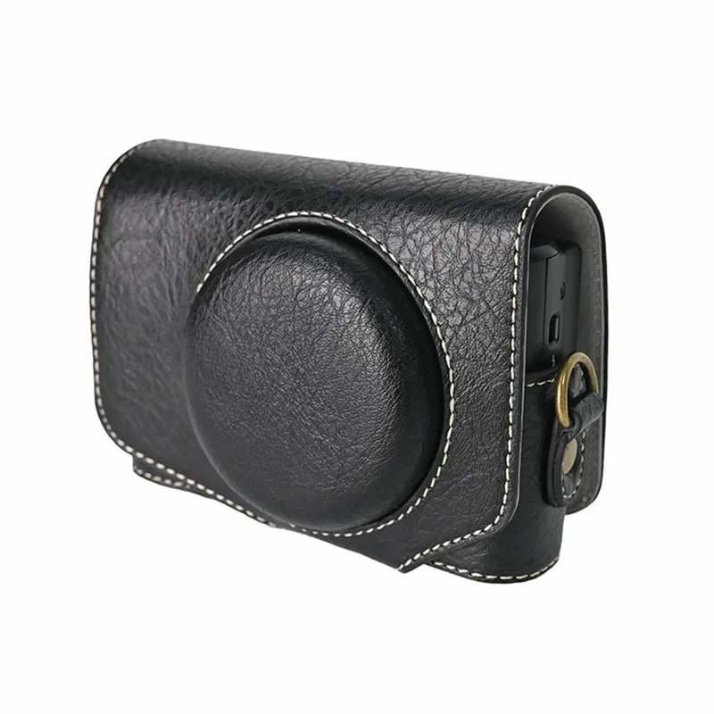 Camera Case for Canon SX740 HS Vintage Litchi Texture PU Leather Full Coverage Protective Cover with Shoulder Strap - Black
