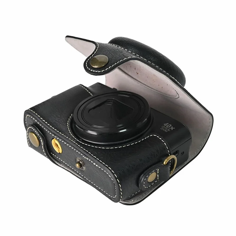 Camera Case for Canon SX740 HS Vintage Litchi Texture PU Leather Full Coverage Protective Cover with Shoulder Strap - Black
