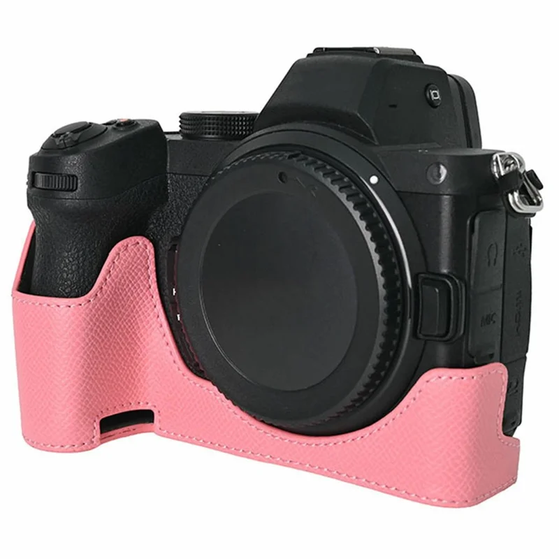 PU Leather Camera Base for Nikon Z 6 II  /  Nikon Z 5 Magnetic Palm Texture Grip Half Case Protective Cover with Flip-Open Battery Access - Pink