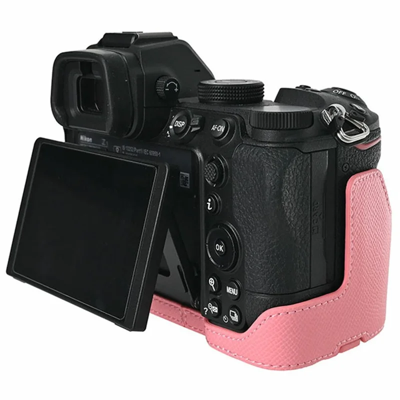 PU Leather Camera Base for Nikon Z 6 II  /  Nikon Z 5 Magnetic Palm Texture Grip Half Case Protective Cover with Flip-Open Battery Access - Pink