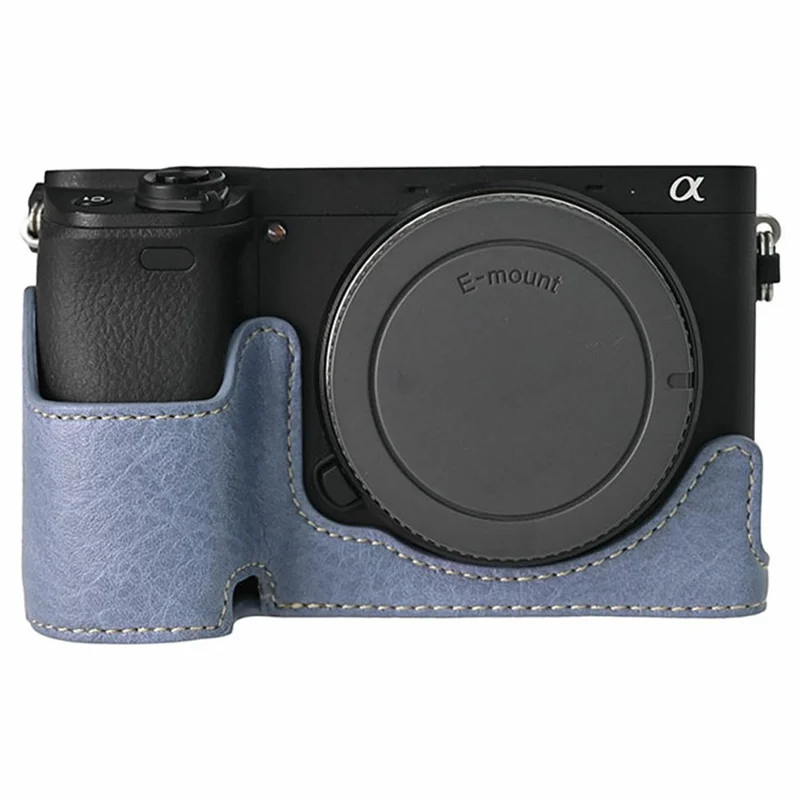 Custodia inferiore per fotocamera Sony A6400, custodia semiaderente in ecopelle con base magnetica, texture effetto lucido, accesso alla batteria - Blu navy