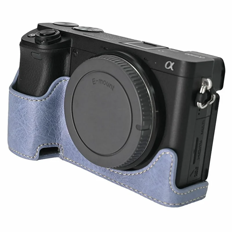 Custodia inferiore per fotocamera Sony A6400, custodia semiaderente in ecopelle con base magnetica, texture effetto lucido, accesso alla batteria - Blu navy