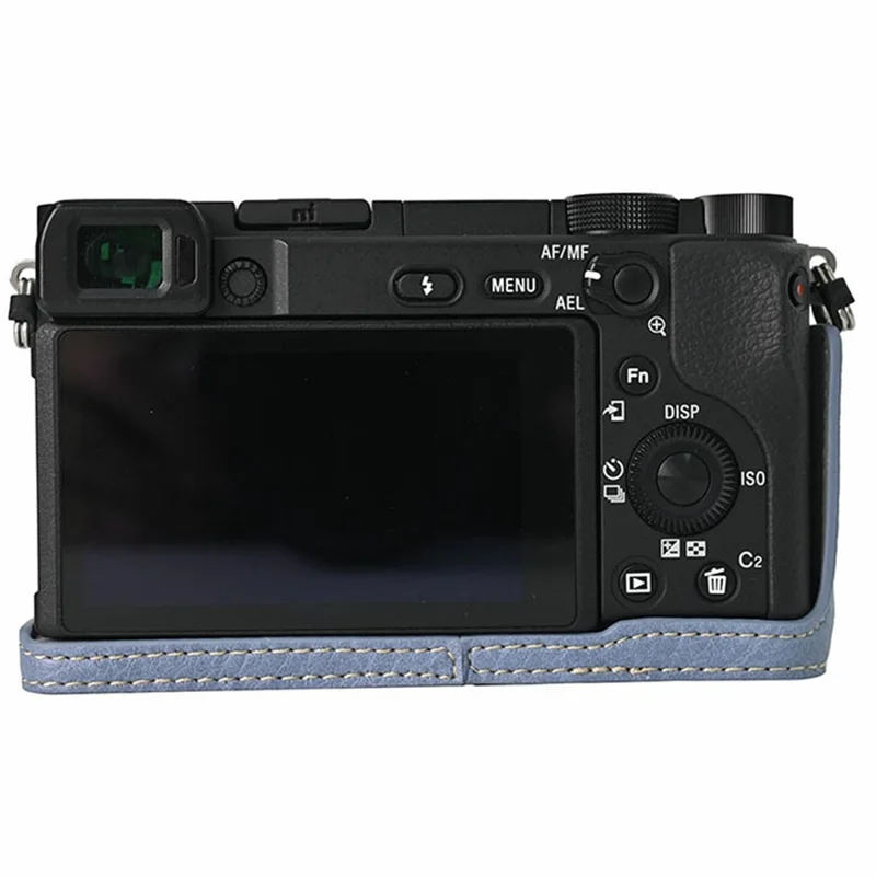 Custodia inferiore per fotocamera Sony A6400, custodia semiaderente in ecopelle con base magnetica, texture effetto lucido, accesso alla batteria - Blu navy