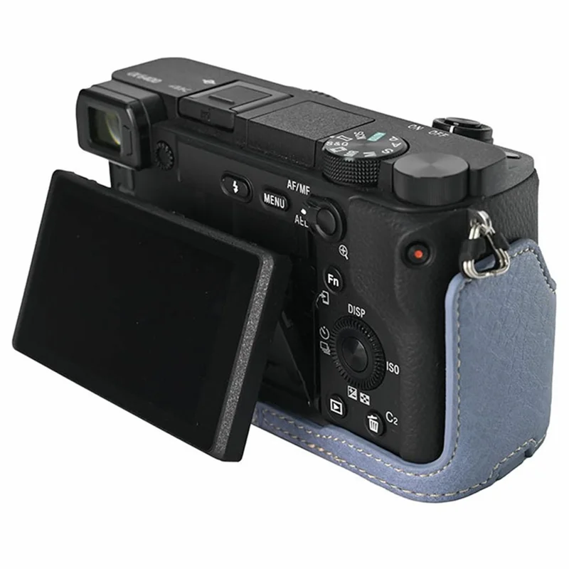 Custodia inferiore per fotocamera Sony A6400, custodia semiaderente in ecopelle con base magnetica, texture effetto lucido, accesso alla batteria - Blu navy