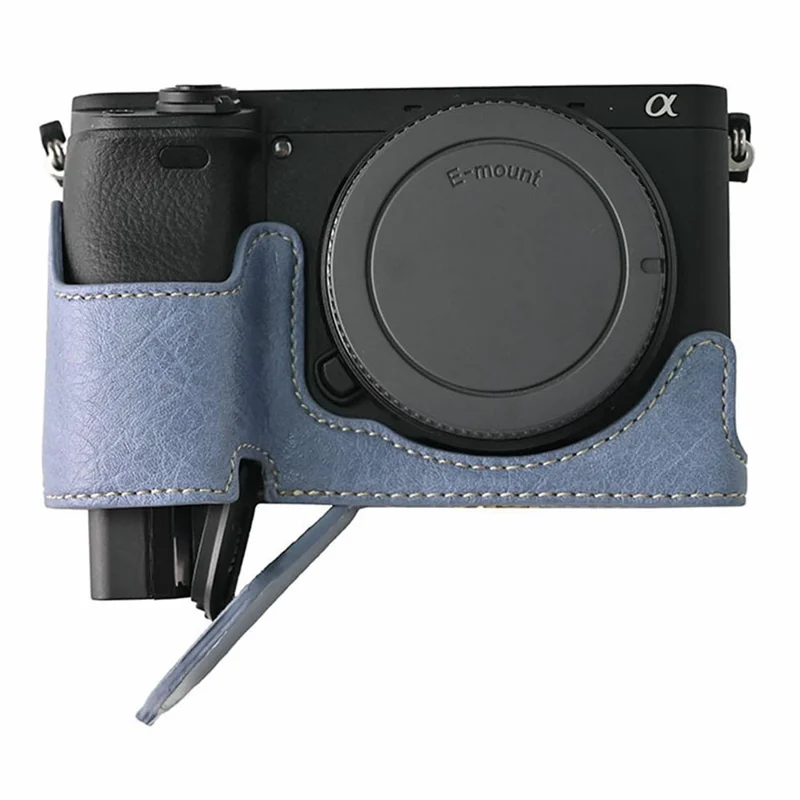 Custodia inferiore per fotocamera Sony A6400, custodia semiaderente in ecopelle con base magnetica, texture effetto lucido, accesso alla batteria - Blu navy