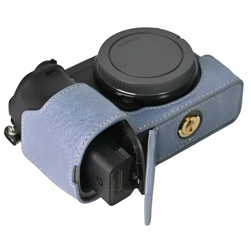 Custodia inferiore per fotocamera Sony A6400, custodia semiaderente in ecopelle con base magnetica, texture effetto lucido, accesso alla batteria - Blu navy