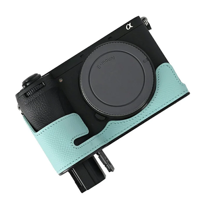 Custodia Parziale per Fotocamera Sony A6700 in Pelle con Texture Palmare, Design Ergonomico con Impugnatura, Protezione Inferiore - Blu