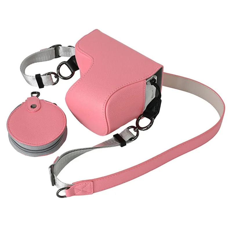 Custodia per fotocamera in ecopelle con texture Palm, copertura protettiva completa con tracolla e piccola pochette - Rosa