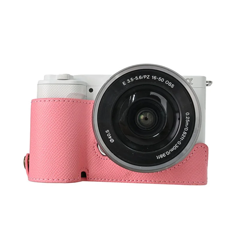 Custodia per fotocamera in ecopelle con texture Palm, copertura protettiva completa con tracolla e piccola pochette - Rosa
