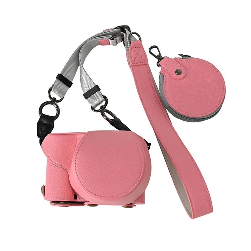 Custodia per fotocamera in ecopelle con texture Palm, copertura protettiva completa con tracolla e piccola pochette - Rosa