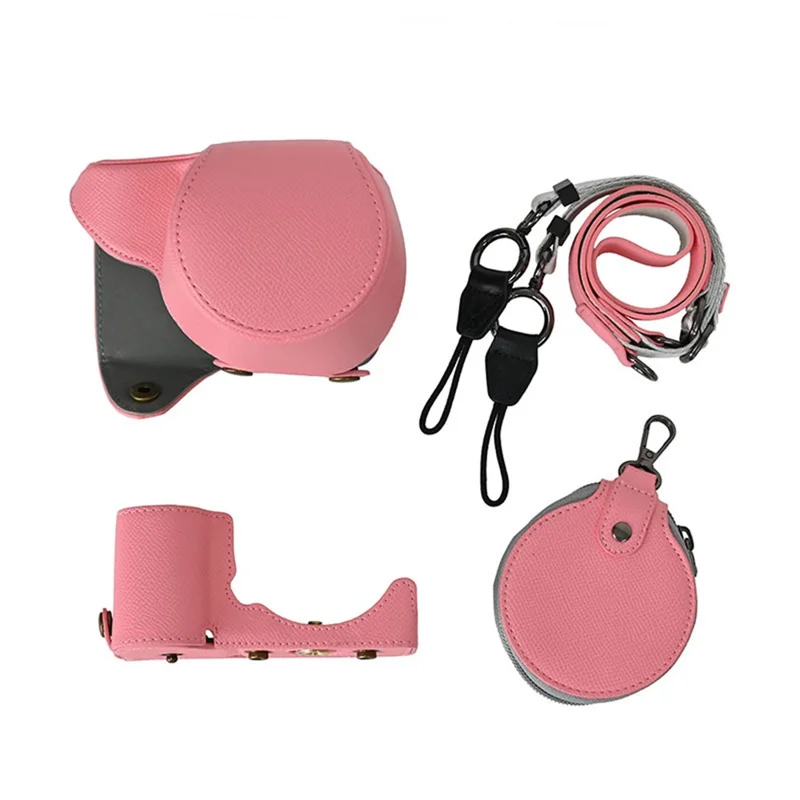 Custodia per fotocamera in ecopelle con texture Palm, copertura protettiva completa con tracolla e piccola pochette - Rosa