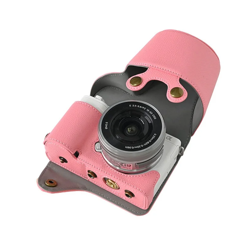 Custodia per fotocamera in ecopelle con texture Palm, copertura protettiva completa con tracolla e piccola pochette - Rosa