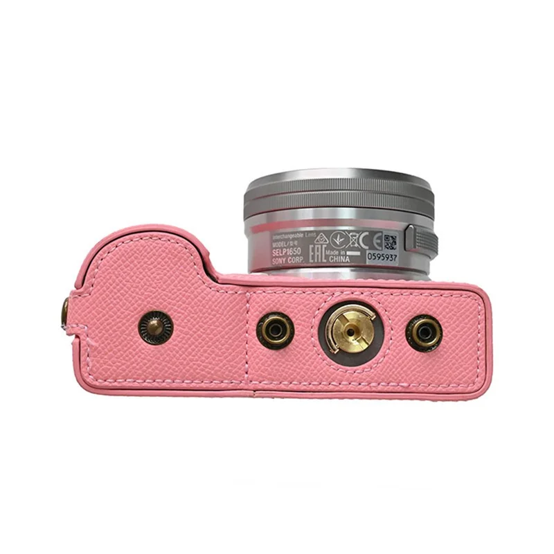 Custodia per fotocamera in ecopelle con texture Palm, copertura protettiva completa con tracolla e piccola pochette - Rosa