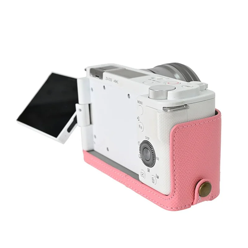 Custodia per fotocamera in ecopelle con texture Palm, copertura protettiva completa con tracolla e piccola pochette - Rosa