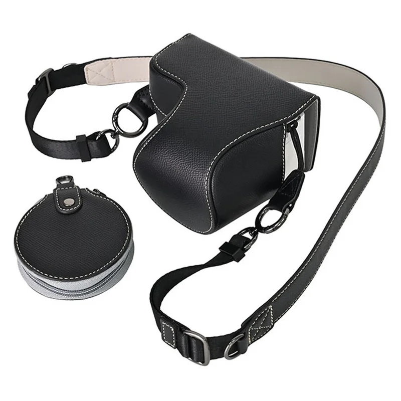 Funda de Cuero PU con Textura de Palmera, Protector Completo para Cámara con Correa de Mano y Bolsa Pequeña - Negro